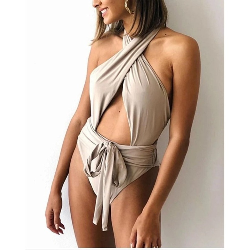 PQ Swim formerly Sand Beige Multi-Way Wrap One Piece Swimsuit Monokini Size S